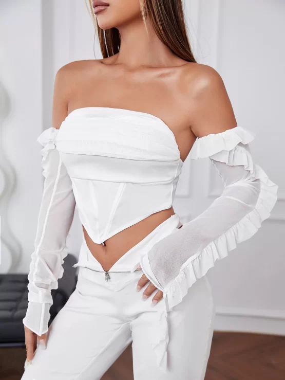 Off Shoulder Ruffle Trim Asymmetrical Hem Crop Top - Image 2