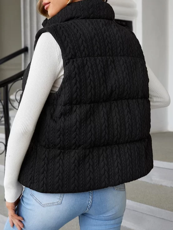 Textured Zipper Funnel Neck Front Puffer Vest Coat - Image 2