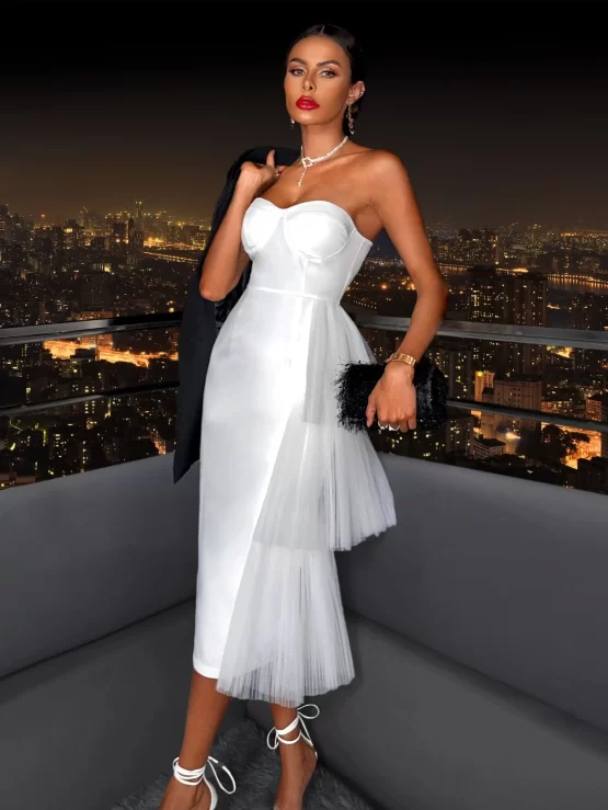 Contrast Mesh Split Back Bustier Tube Dress - Image 2