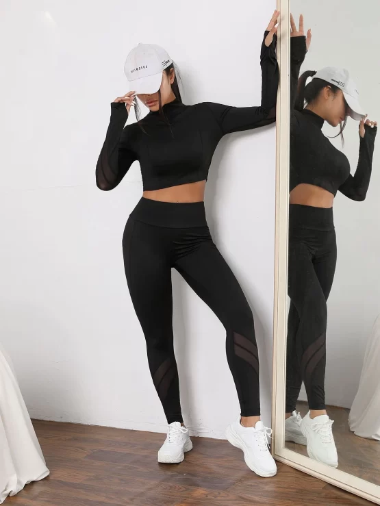Contrast Mesh Zipper Thumb Holes Sports Set