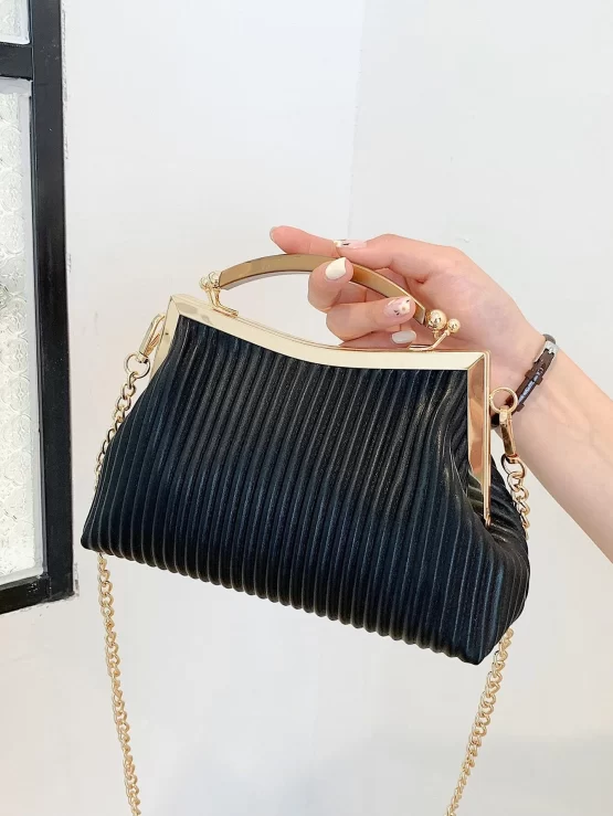 Ruched Kiss Lock Chain Top Handle Novelty Bag