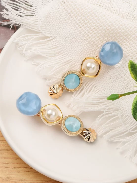 Two Pieces Color Block Faux Pearls Decor Hair Clip
