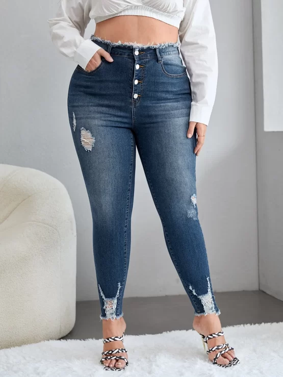 Plus Button Fly Ripped Raw Hem Skinny Jeans