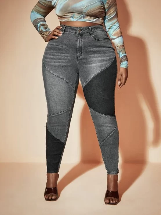 Plus Panel Skinny Zipper Fly High Waist Jeans