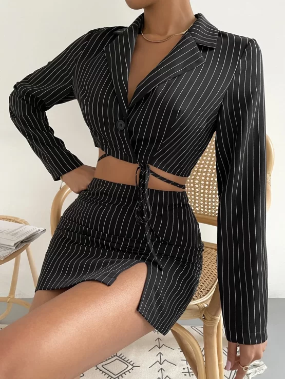 Striped Single Button Blazer & Split Hem Zip Back Skirt Set