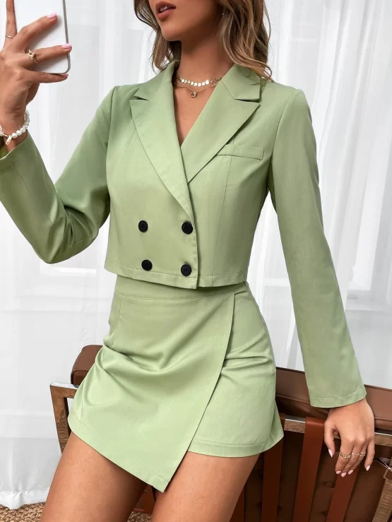 Peek Collar Double Button Placket Crop Blazer & Skort
