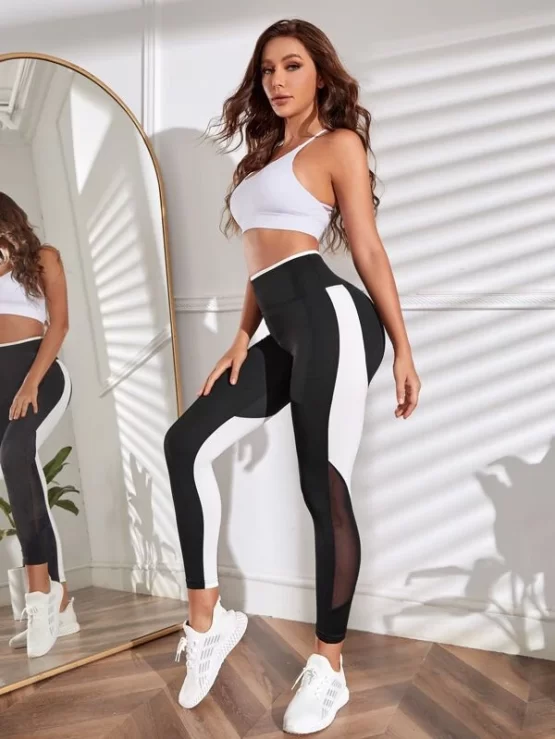 Two Tone Contrast Mesh Sports Leggings