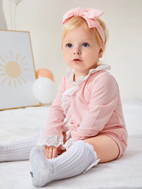 Baby Eyelet Embroidery Flounce Sleeve Ruffle Trim Bodysuit & Headband