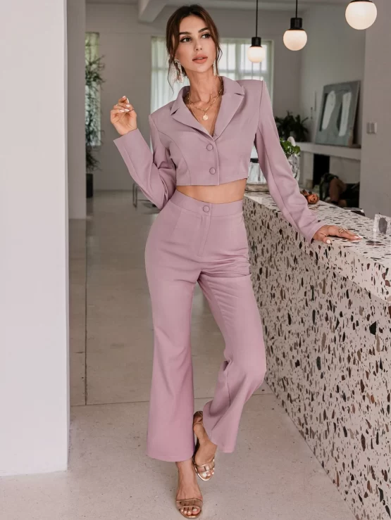 Glamaker Button Front Crop Blazer & Flare Leg Pants