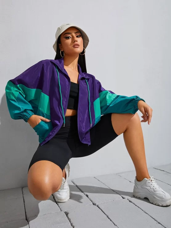 Color Block Dolman Sleeve Drawstring Slant Pockets Wind Sports Jacket
