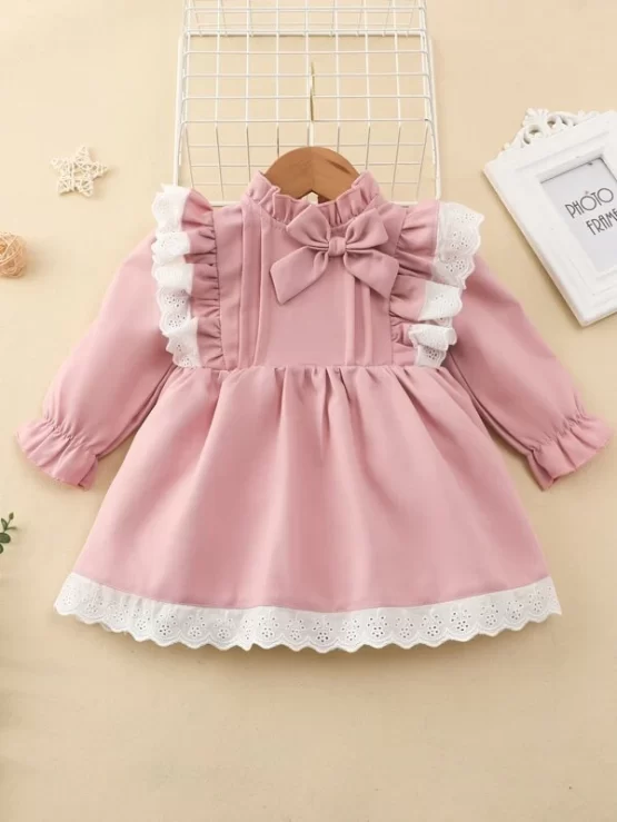 Baby Eyelet Embroidery Flounce Bow Front Sleeve Dress