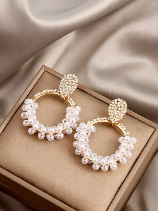 Rhinestone Decor Faux Pearl Drop Earrings