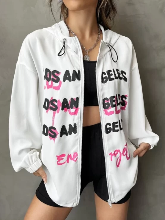 Letter Graphic Drop Shoulder Drawstring Hooded Jacket