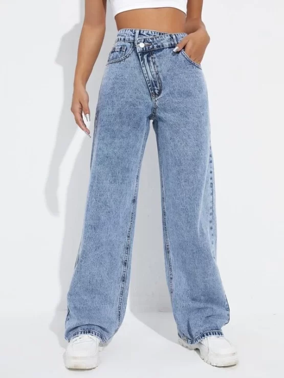 Asymmetrical High Waist Zipper Fly Wide Leg Jeans