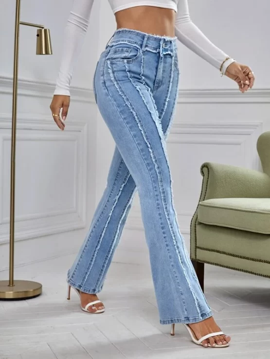 High Waist Raw Cut Zipper Fly Bootcut Leg Jeans