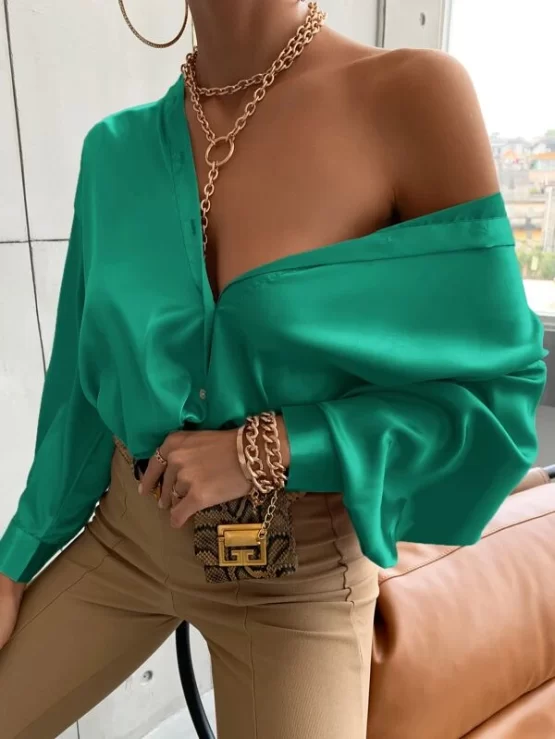 Bishop Collar Sleeve Button Up Satin Shirt