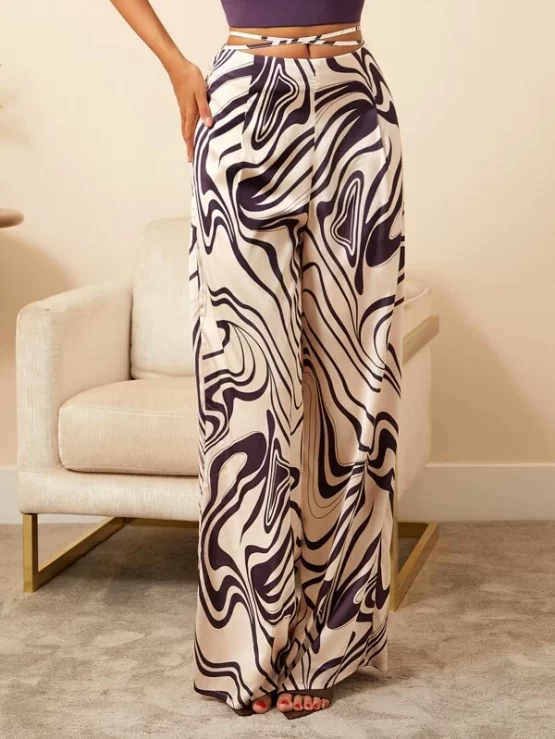 Criss Cross Tie Back Marble Print Wide Leg Pants