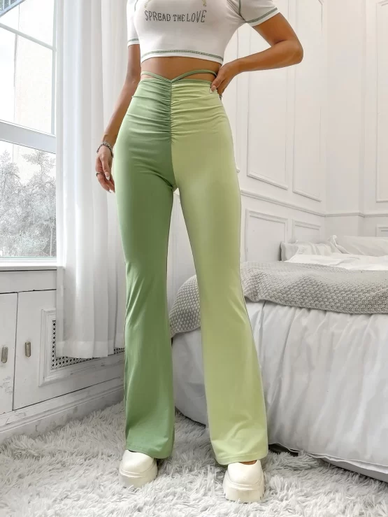 Two Tone Ruched Tie Back Flare Leg Pants