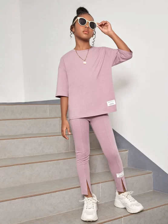 Girls Patched Detail Drop Shoulder Tee & Slit Hem Pants