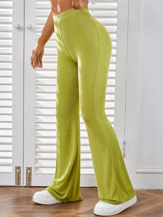 High Waist Plain Casual Long Flare Leg Pants