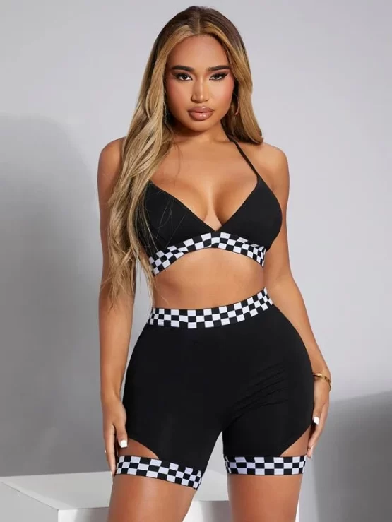 Checkered Print Backless Halter Top & Cut Out Biker Shorts