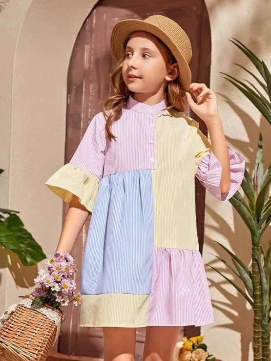 Girls Striped Color Block Flounce Sleeve Smock Dress