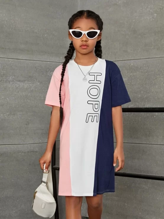 Girls Letter Graphic Color Block Tee Drop Shoulder Dress
