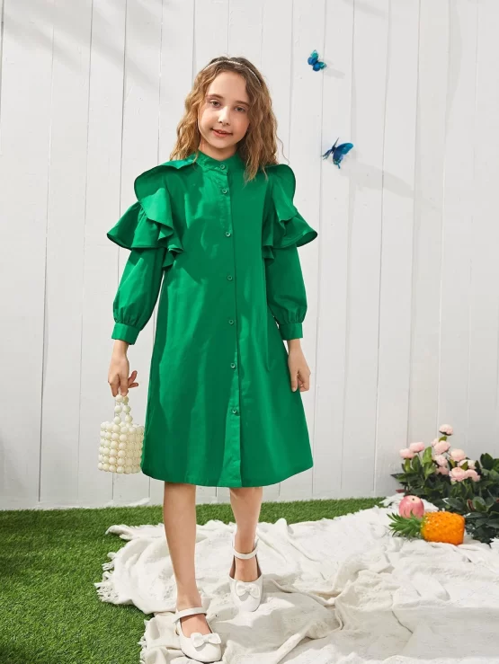 Girls One Piece Ruffle Self Belted Trim Dress