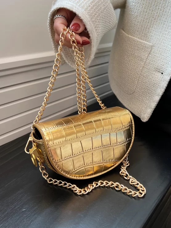 Mini Metallic Crocodile Embossed Chain Flap Saddle Bag