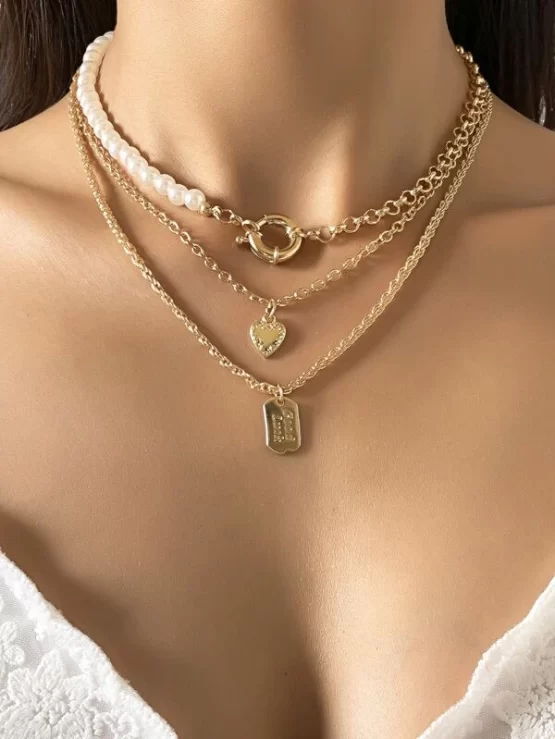 Three Pieces Heart Faux Pearl Decor Necklace