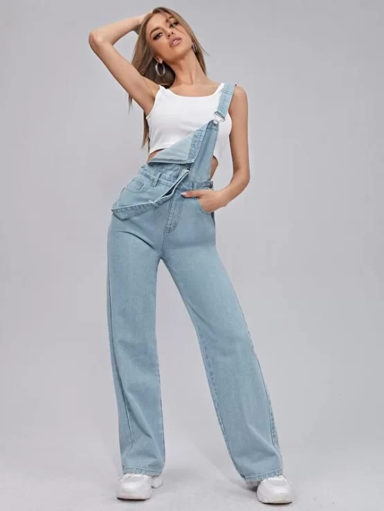 Adjustable Button Pocket Strap Denim Jumpsuit