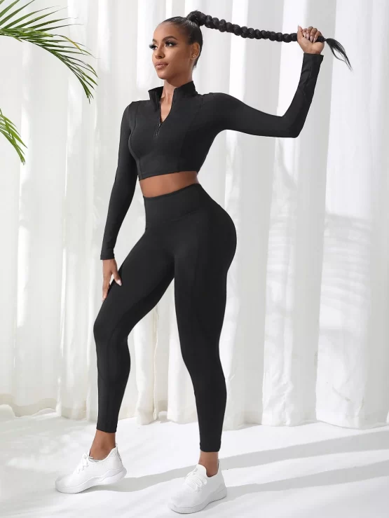 Half Zipper Plain Wide Waistband Sports Set