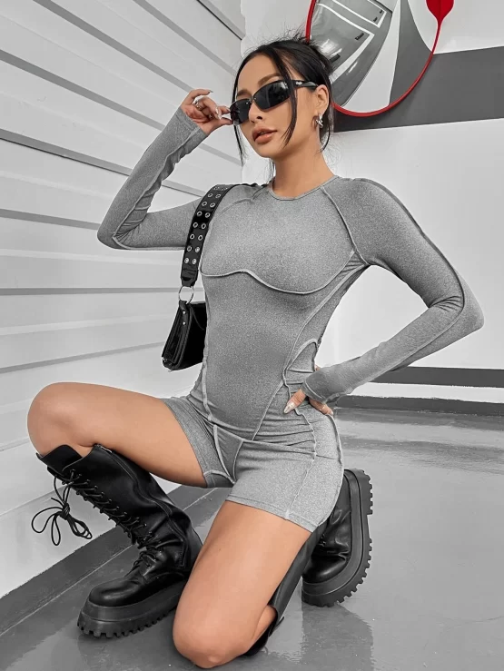 Press Crease Raglan Sleeve Backless Unitard Romper