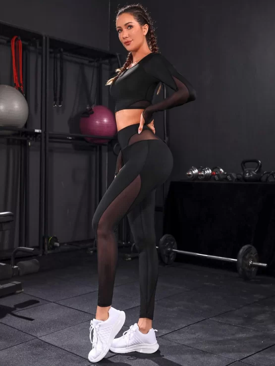 Contrast Mesh Raglan Sleeve Thumbholes Sports Set