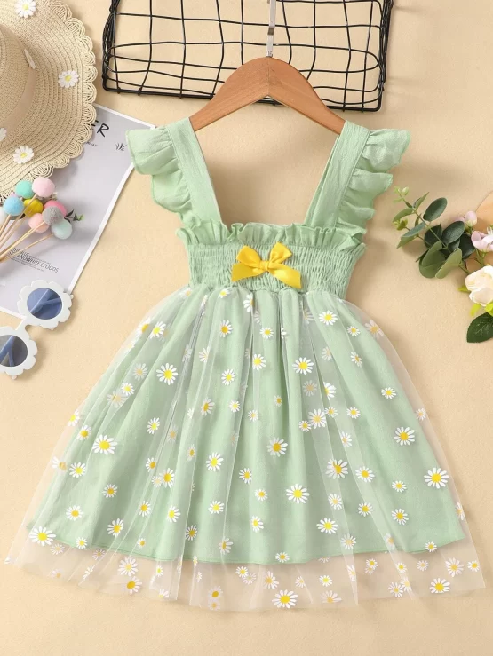 Toddler Girls Floral Bow Front Ruffle Trim Shirred Contrast Mesh Dress