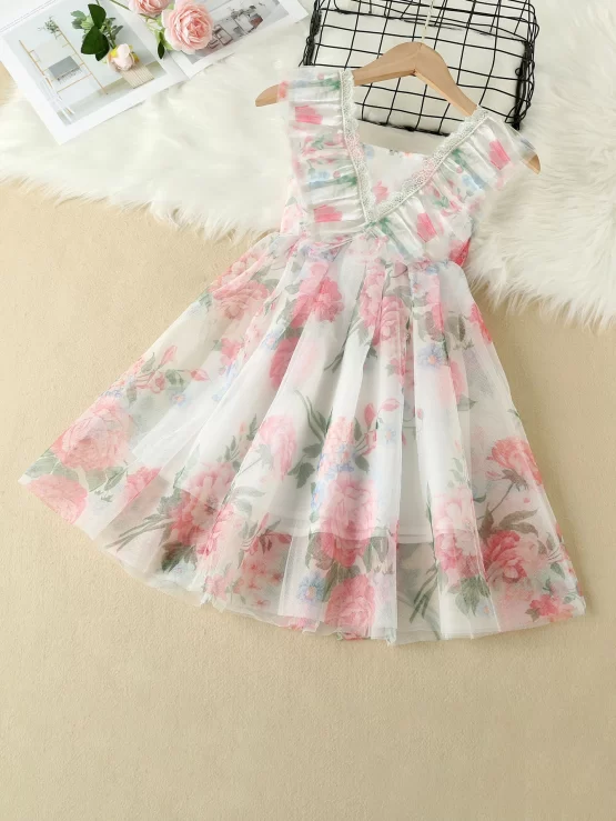 Toddler Girls Floral Ruffle Trim Flare Mesh Dress
