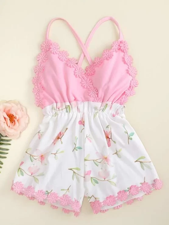 Toddler Girls Floral Lace Trim Cami Romper