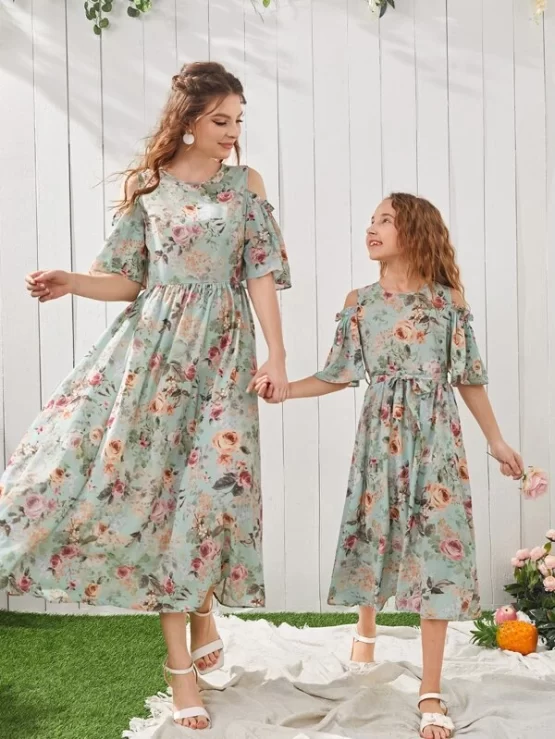 One Piece Floral Print Cold Shoulder Dress