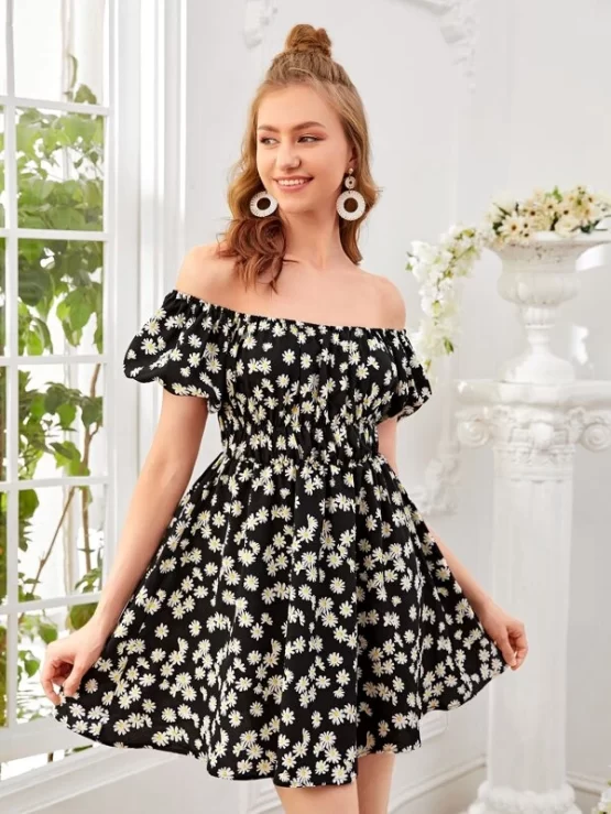 Daisy Print Off Shoulder Puff Sleeve Dress