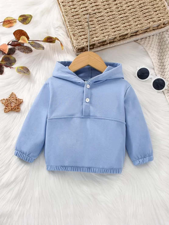 Baby Plain Casual Half Placket Button Hoodie