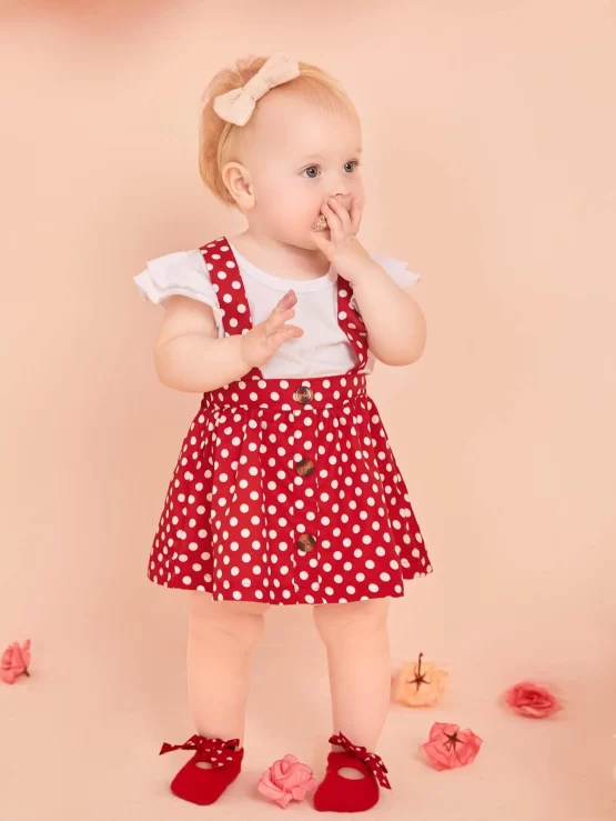 Baby Polka Dot Fake Button Pinafore Skirt & Ruffle Sleeve Tee