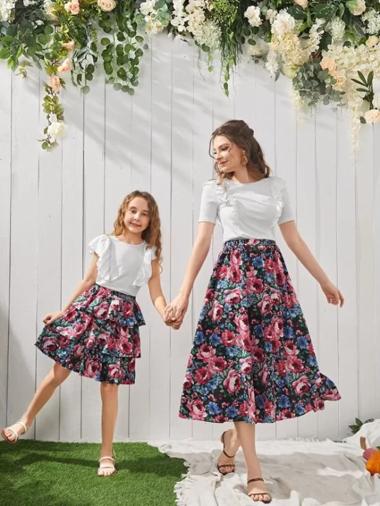 Girls Ruffle Trim Top & Floral Print Layered Hem Skirt Set
