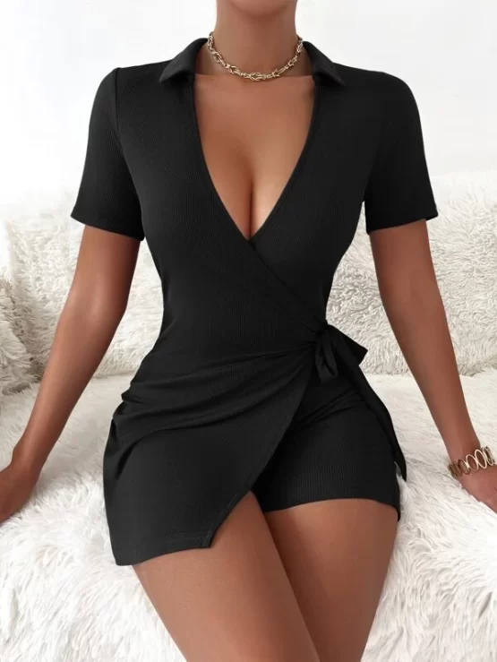 Surplice Collar Neck Tie Side Unitard Romper