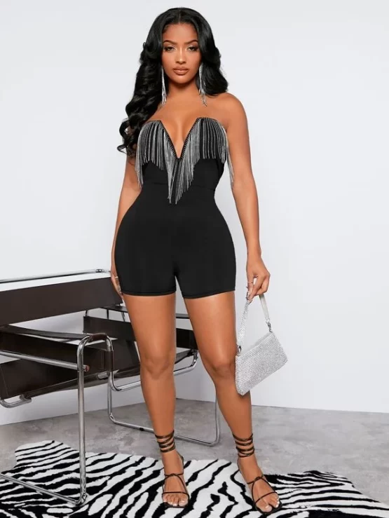 Fringe Trim V Wired Unitard Tube Romper