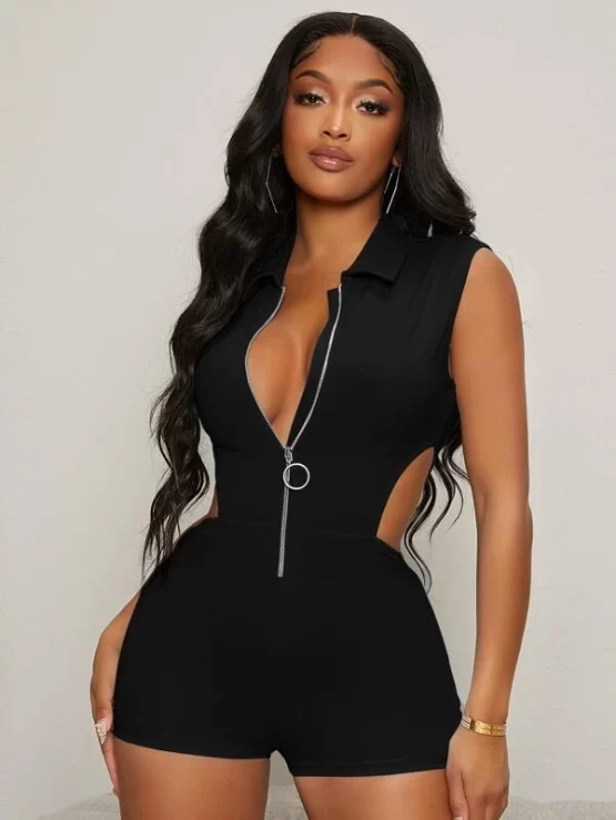 Zipper Front Ring Cut Out Unitard Romper