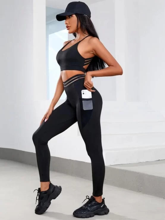Mesh Insert Backless Sports Set With Phone Pocket
