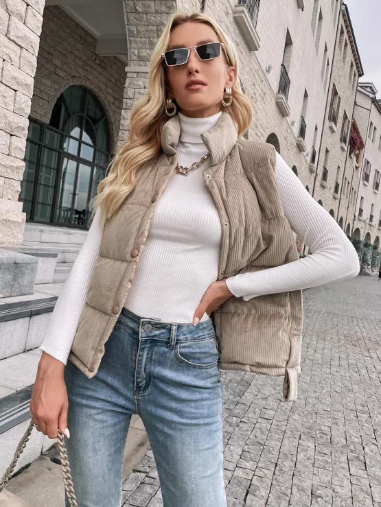 Snap Button Up Corduroy Puffer Vest Coat