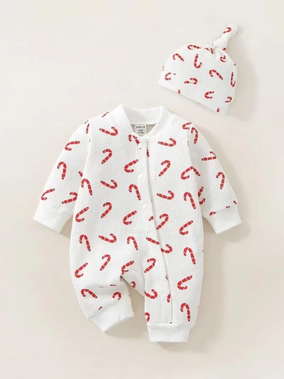 Newborn Baby Christmas Print Jumpsuit & Hat