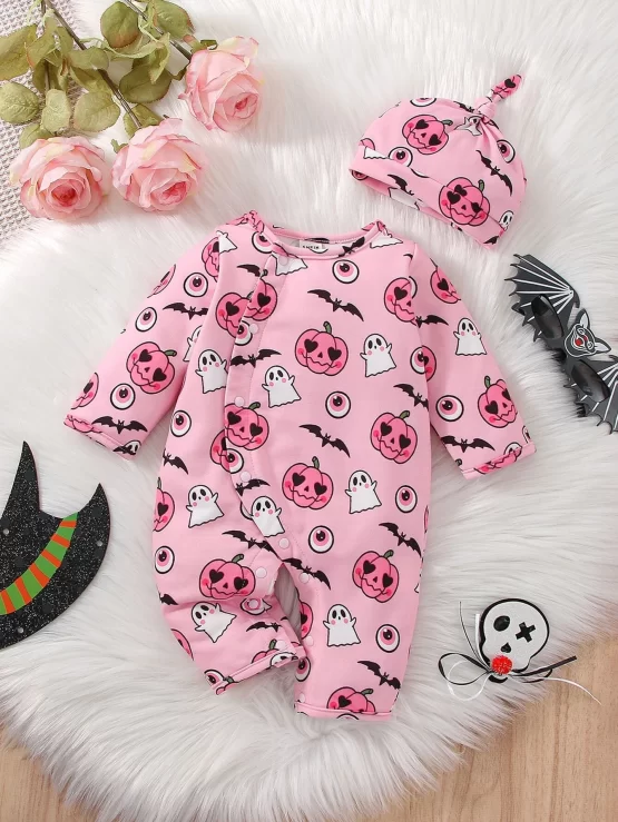 Baby Halloween Bat & Pumpkin Print Jumpsuit & Hat