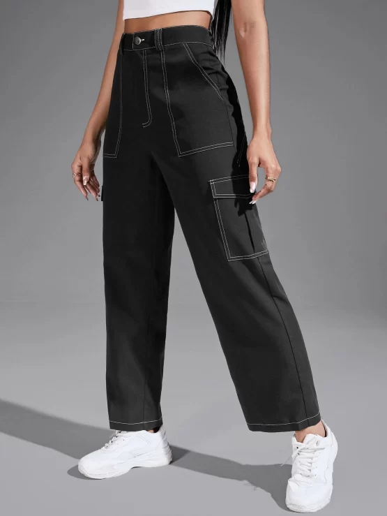 Solid Flap Zipper Fly Button Pocket Cargo Pants
